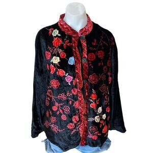 Chinese Embroidered Black Velvet Jacket LARGE Art to Wear Lagenlook White Stag